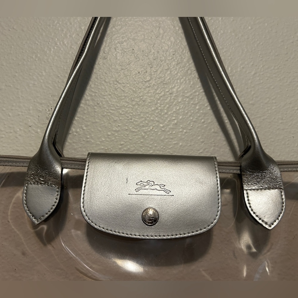LONGCHAMP RARE Le Pliage Transparent Vinyl XL Tote Bag Silver Leather Ltd Ed. - Picture 5 of 16